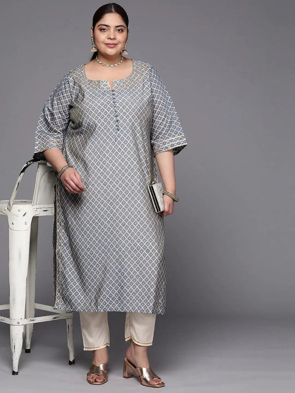 Plus Size Grey Printed Silk Straight Kurta