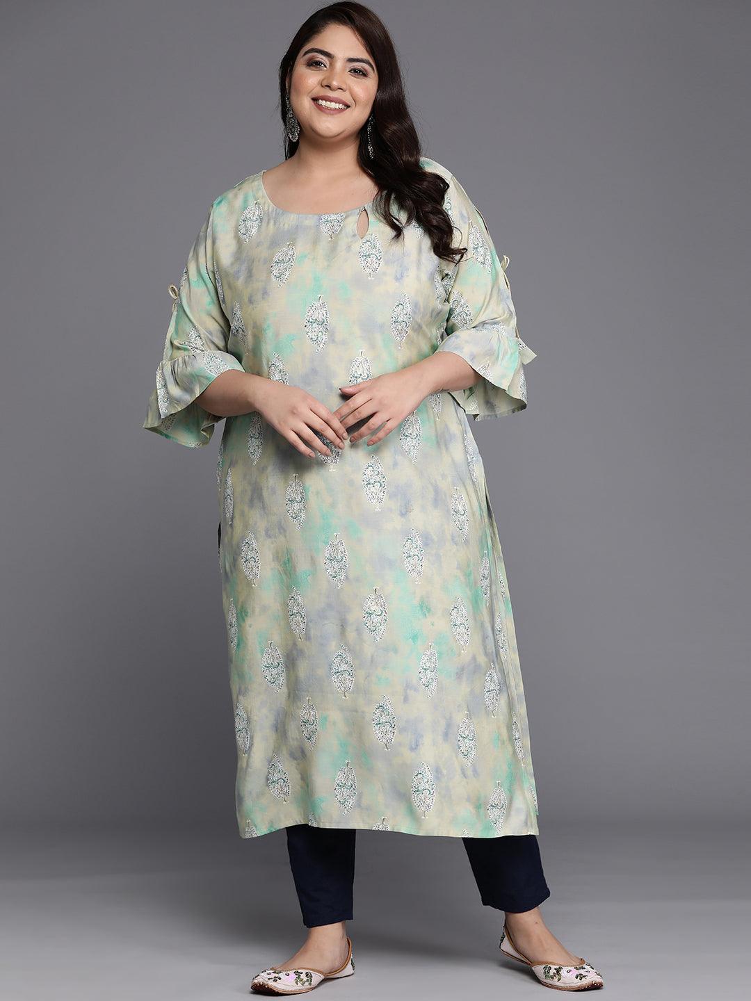 Plus Size Green Printed Silk Straight Kurta - Jashvi