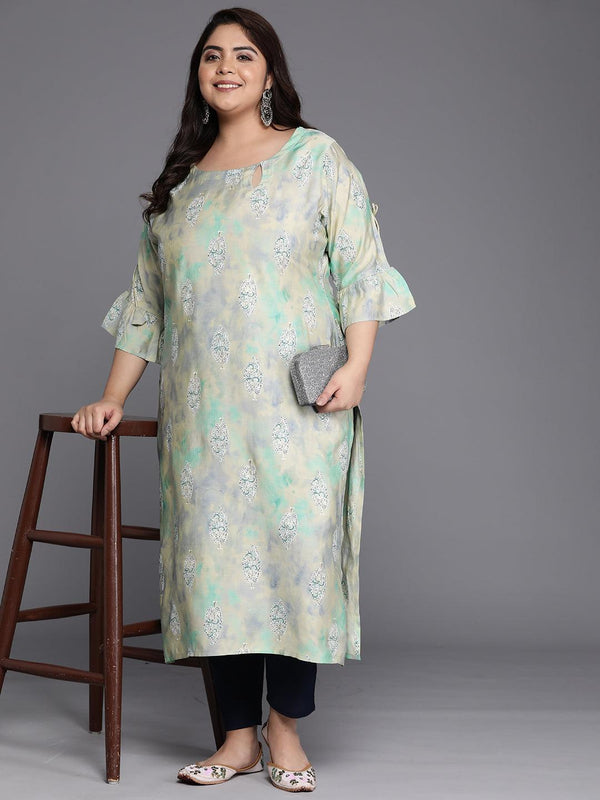 Plus Size Green Printed Silk Straight Kurta