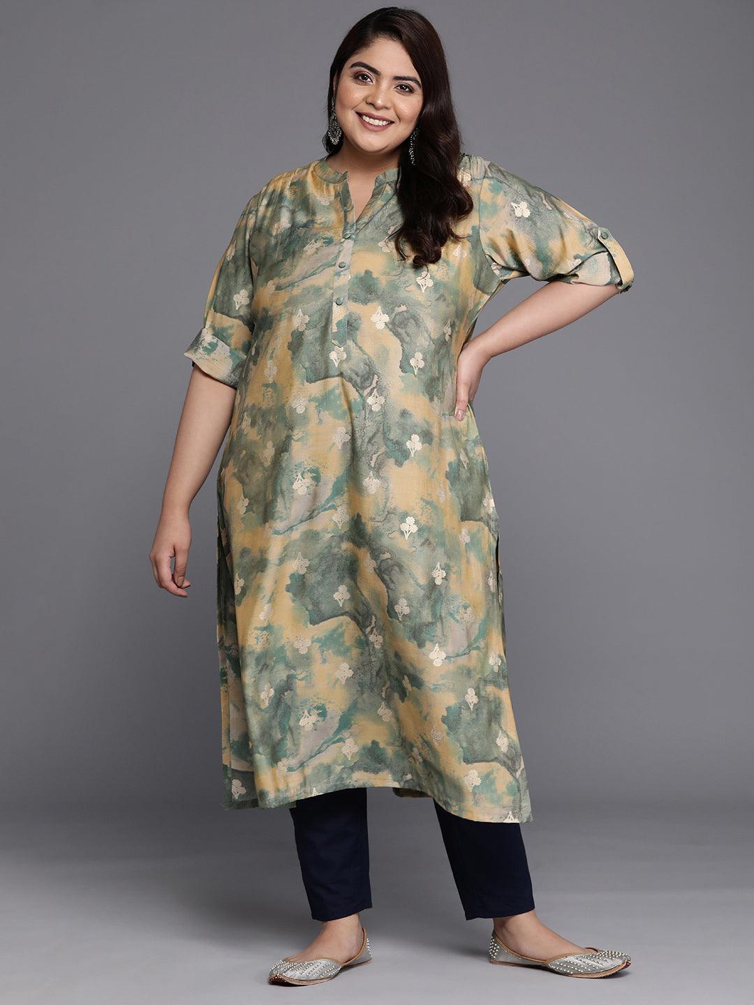 Plus Size Green Printed Silk Straight Kurta - Jashvi