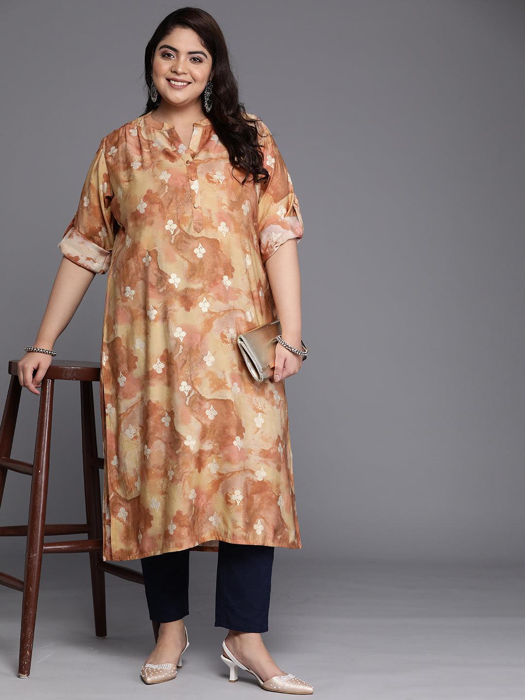 Plus Size Brown Printed Silk Straight Kurta - Jashvi