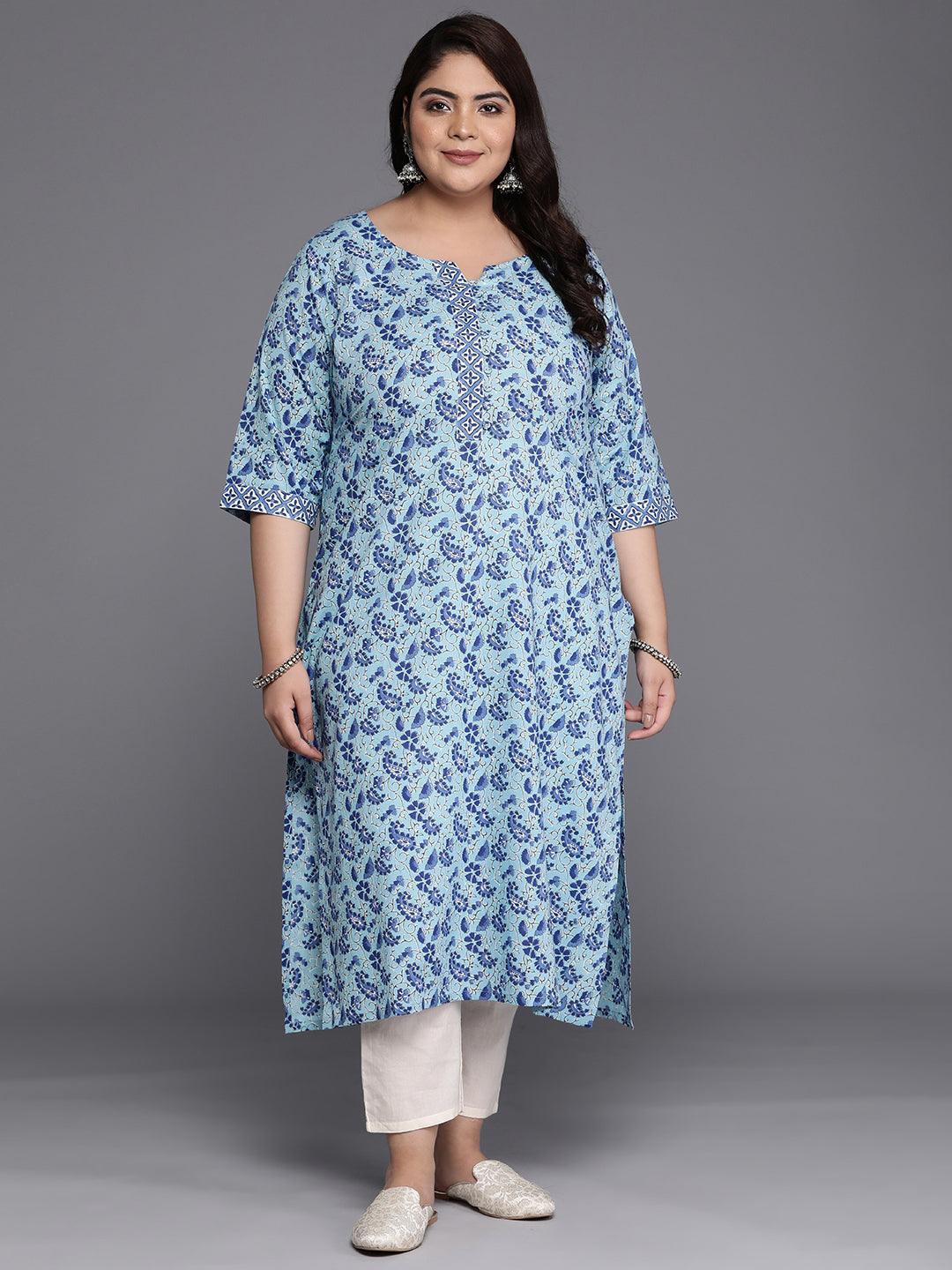 Plus Size Blue Printed Cotton Straight Kurta - Jashvi