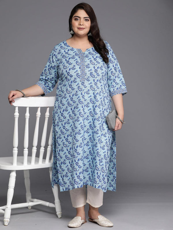 Plus Size Blue Printed Cotton Straight Kurta