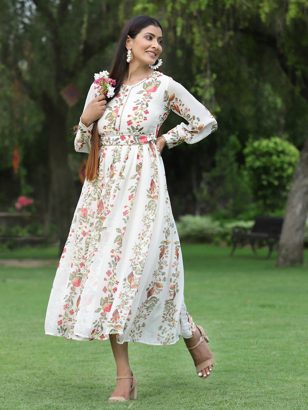 Jashvi Off-White Floral Printed Chiffon Flared Maxi Dress.