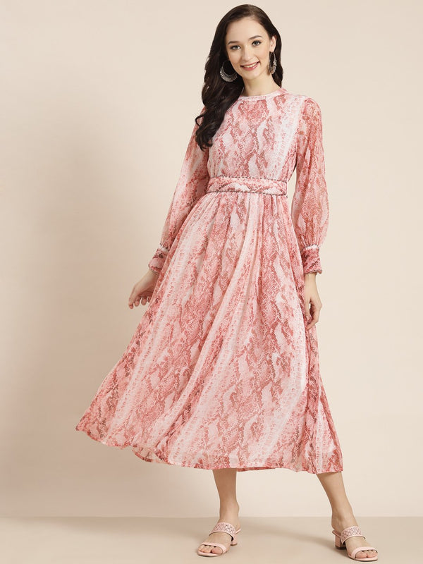 Women's Peach Chiffon Flared Printed Dress With Tie-up Blet - Juniper