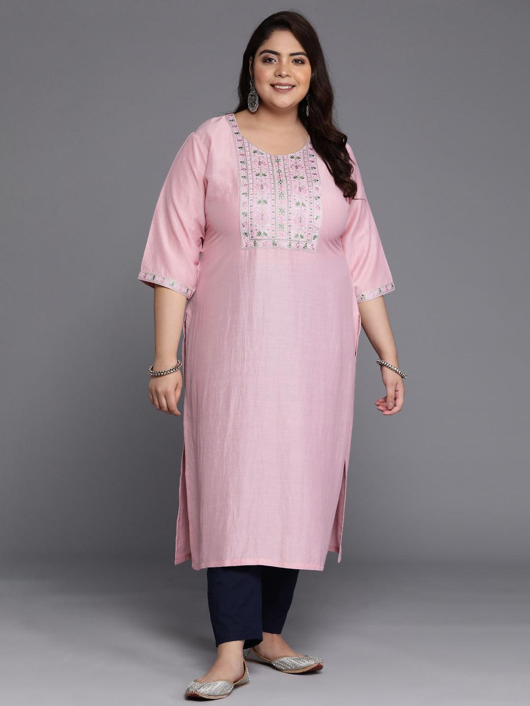 Plus Size Pink Yoke Design Silk Straight Kurta - Jashvi