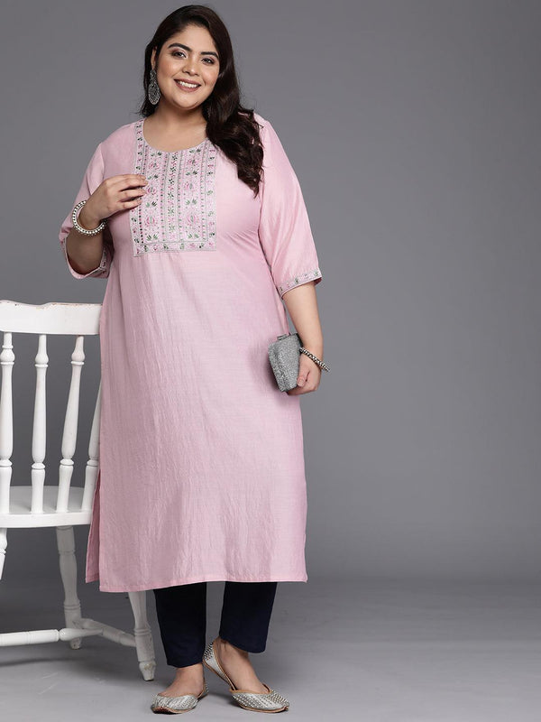 Plus Size Pink Yoke Design Silk Straight Kurta