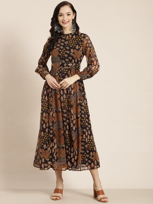 Women's Multi Chiffon Flared Printed Dress With Tie-up Blet - Juniper