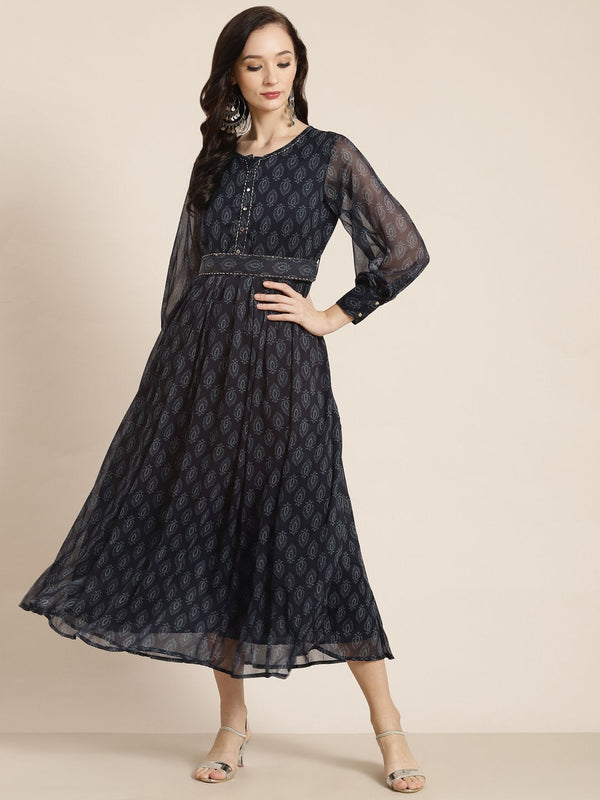 Women's Navy Chiffon Flared Printed Dress With Tie-up Blet - Juniper