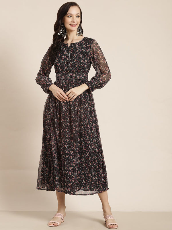 Women's Navy Chiffon Flared Printed Dress With Tie-up Blet - Juniper