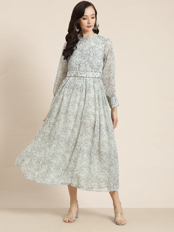 Women's Sagegreen Alphin Chiffon Flared Printed Dress With Tie-up Blet - Juniper