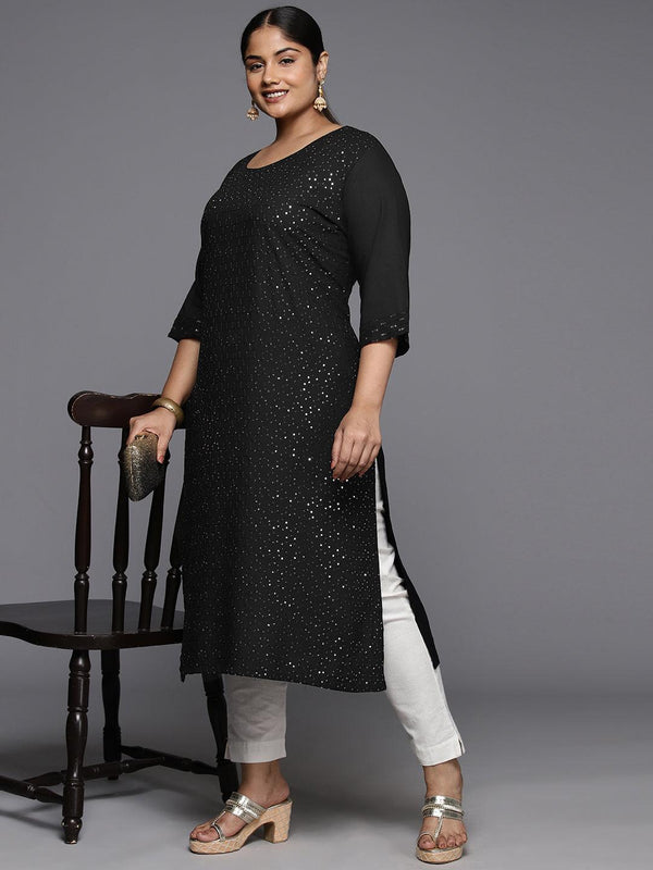 Plus Size Black Rayon Embroidered Straight Kurta