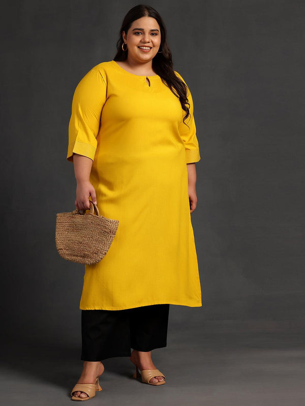 Plus Size Mustard Solid Rayon Straight Kurta - Jashvi