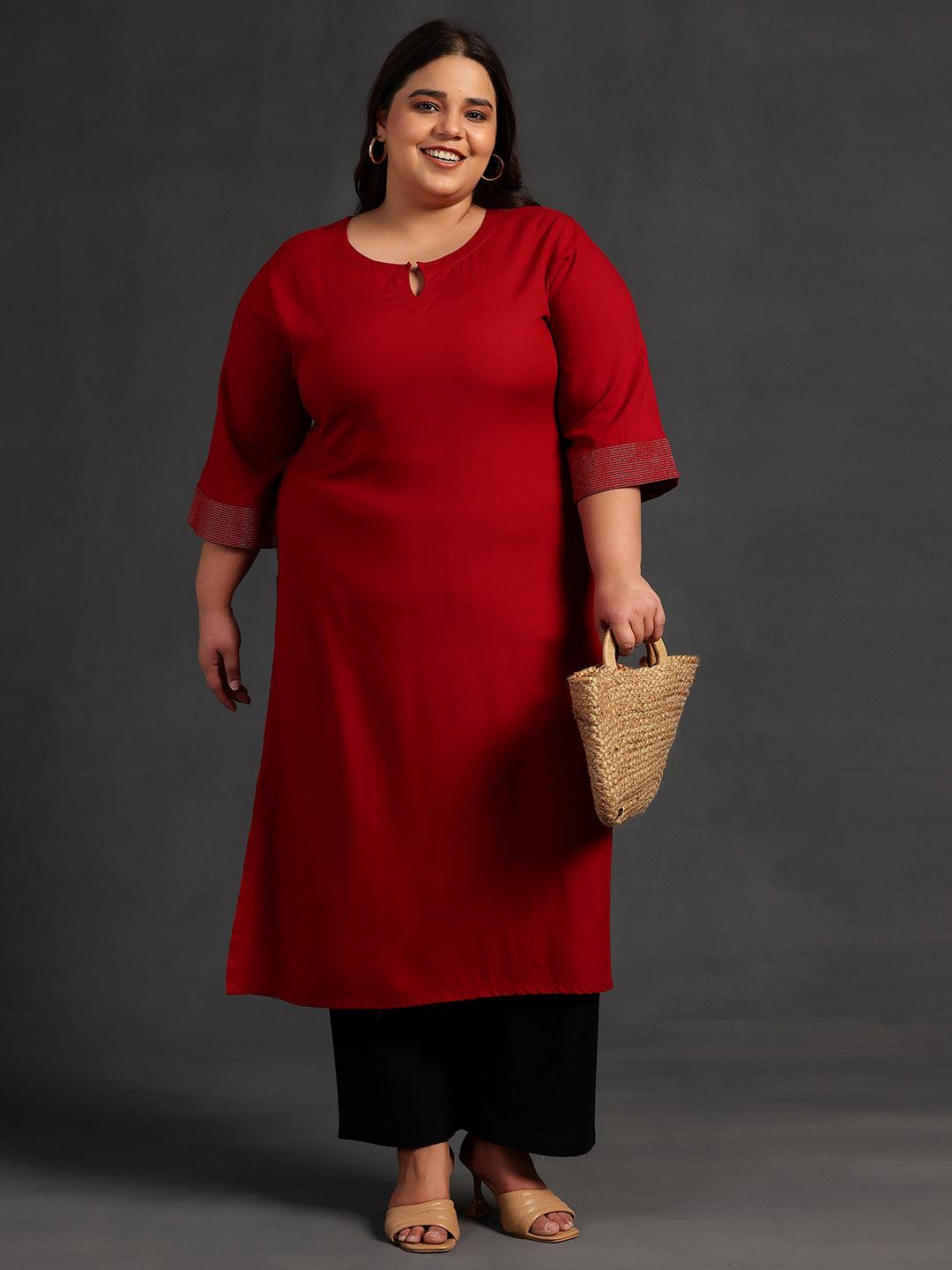 Plus Size Maroon Solid Rayon Straight Kurta - Jashvi