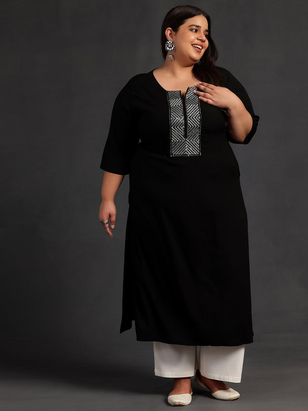 Plus Size Black Embellished Rayon Straight Kurta - Jashvi