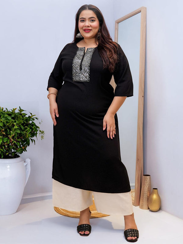 Plus Size Black Embellished Rayon Straight Kurta