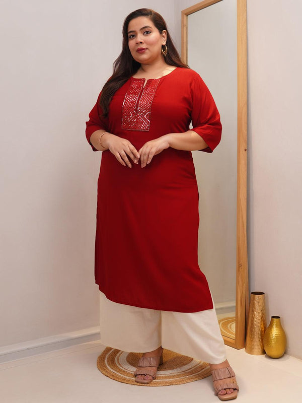 Plus Size Maroon Embellished Rayon Straight Kurta