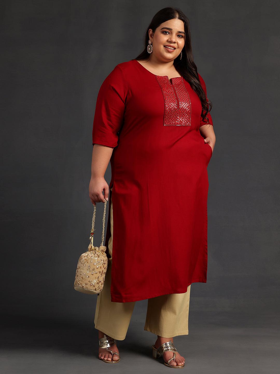 Plus Size Maroon Embellished Rayon Straight Kurta - Jashvi