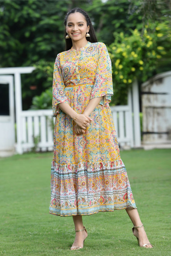 Jashvi Mustard Geometric Printed Chiffon Tiered Maxi Dress With Buttons.