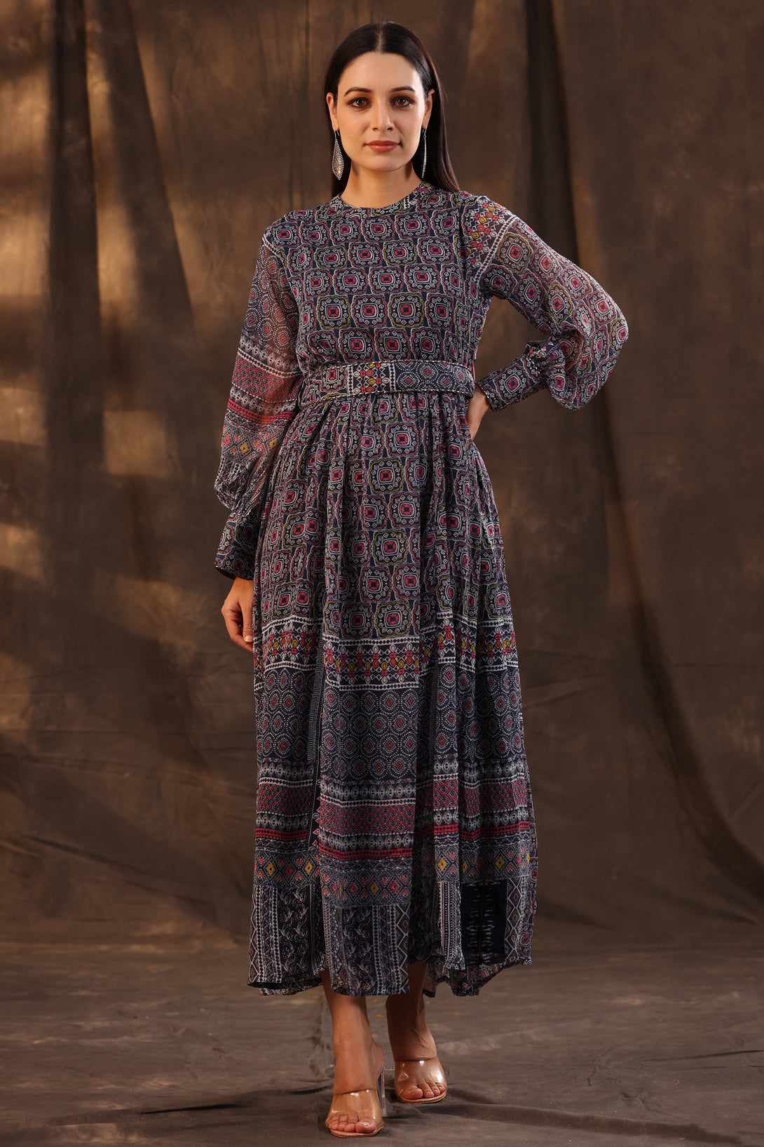 Women's Navy Blue Chiffon Printed Flared Maxi Dress - Juniper