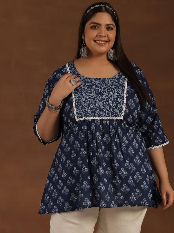 Plus Size Blue Yoke Design Cotton A-Line - Jashvi