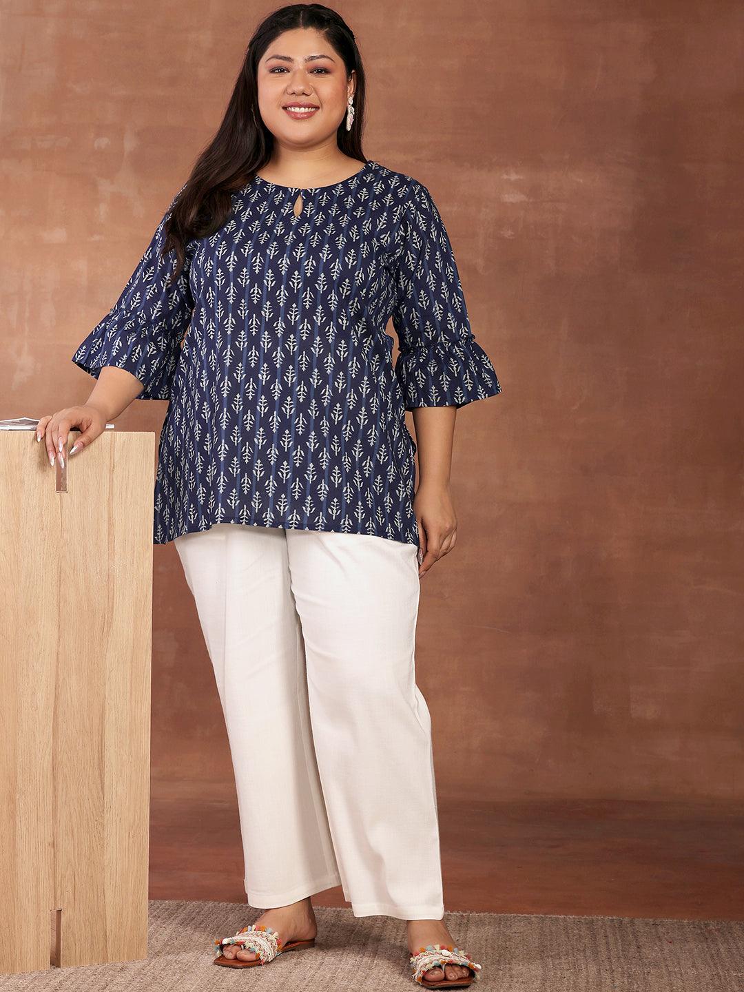 Plus Size Blue Printed Cotton Straight Kurti - Jashvi