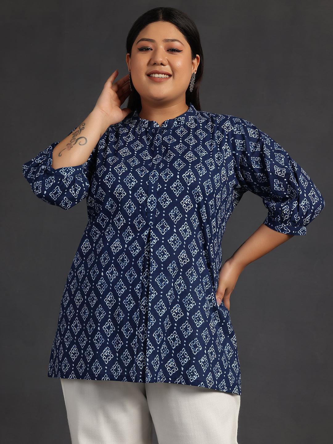 Plus Size Blue Printed Cotton A-Line Kurti - Jashvi