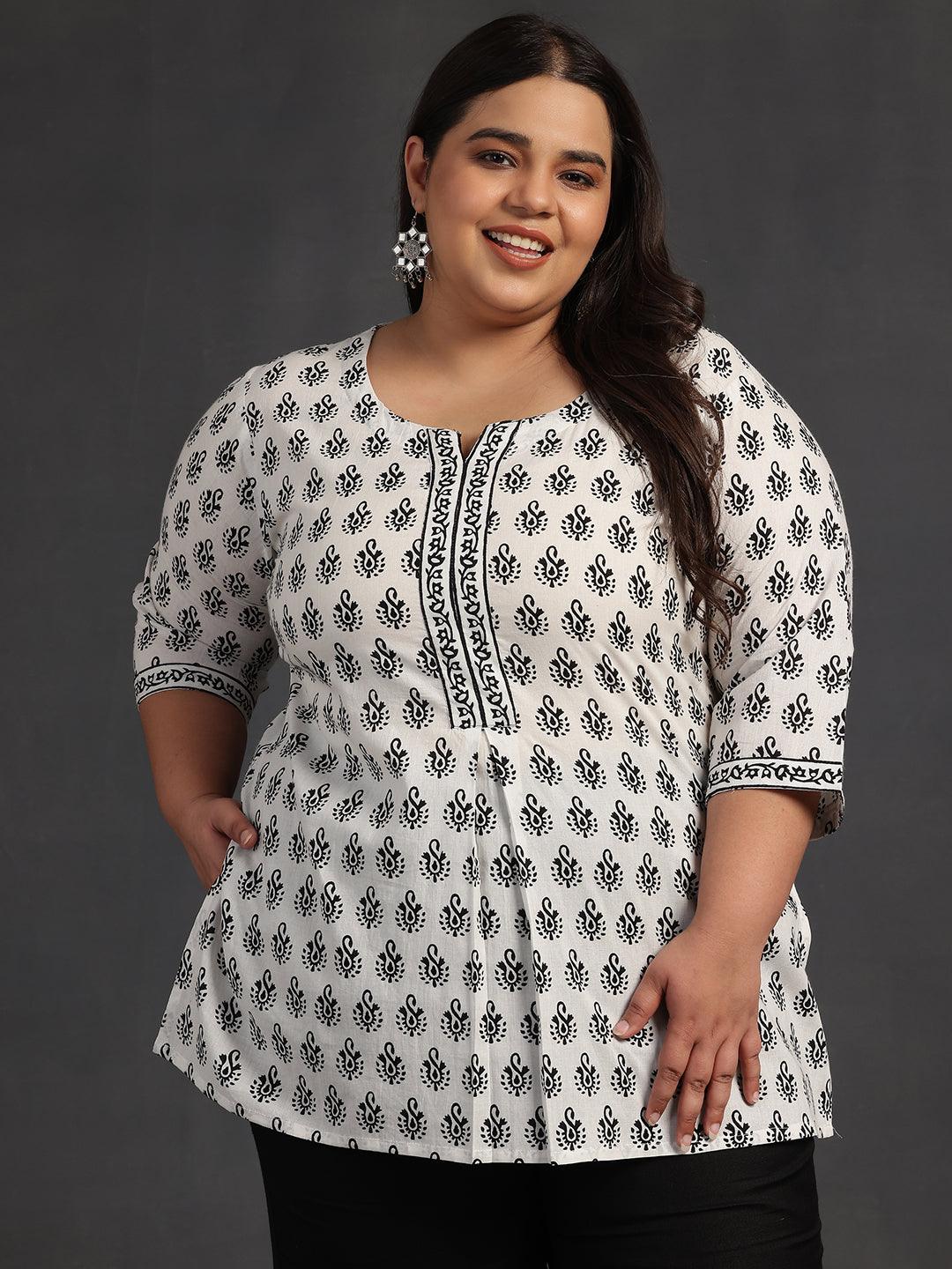 Plus Size White Printed Cotton Straight Kurti - Jashvi