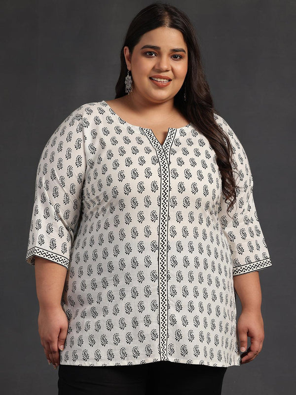 Plus Size White Printed Cotton Straight Kurti - Jashvi