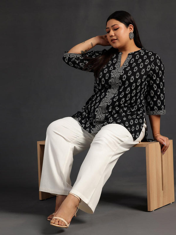 Plus Size Black Printed Cotton Straight Kurti - Jashvi