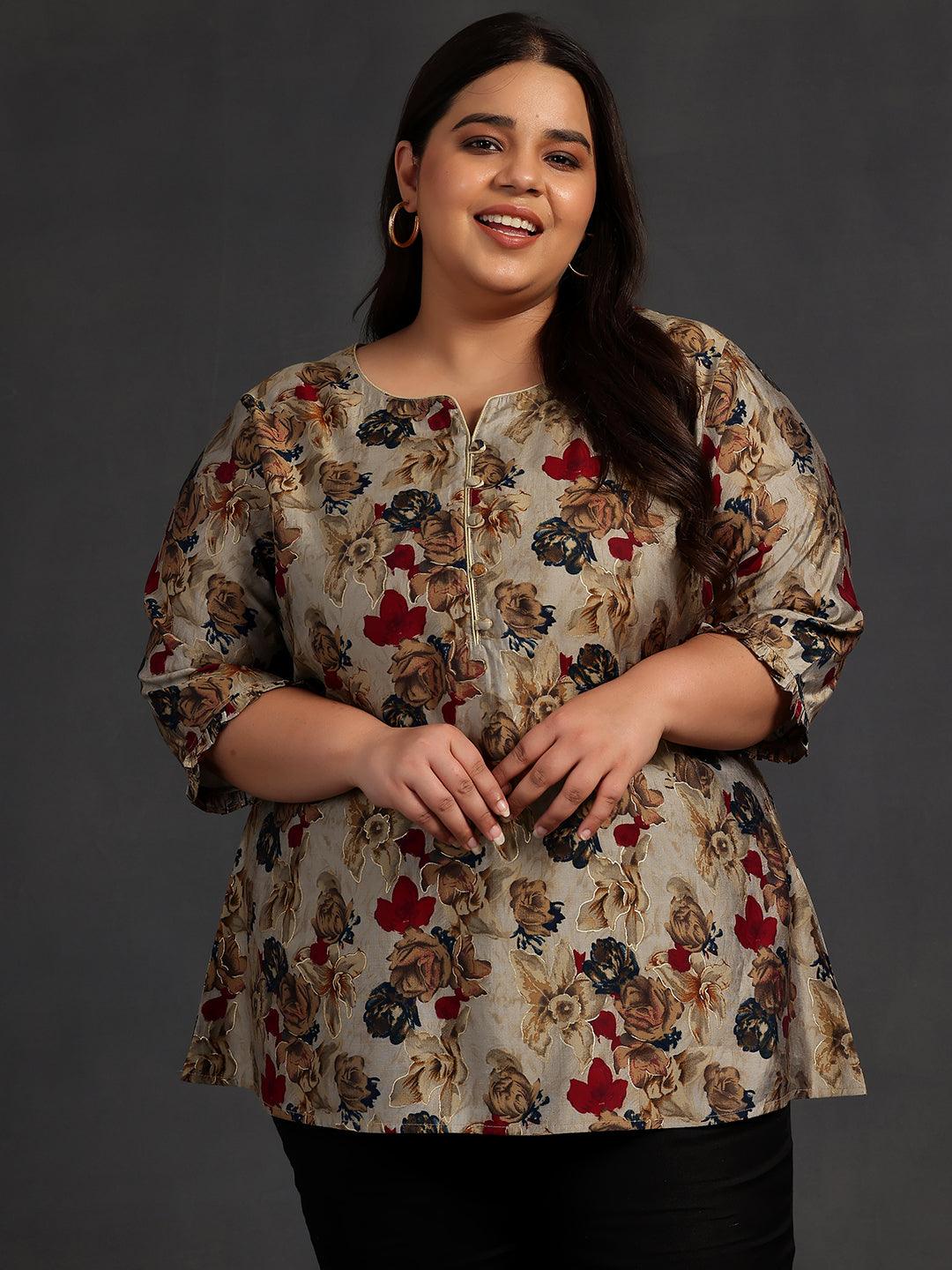 Plus Size Multi Printed Silk Blend A-Line Kurti - Jashvi