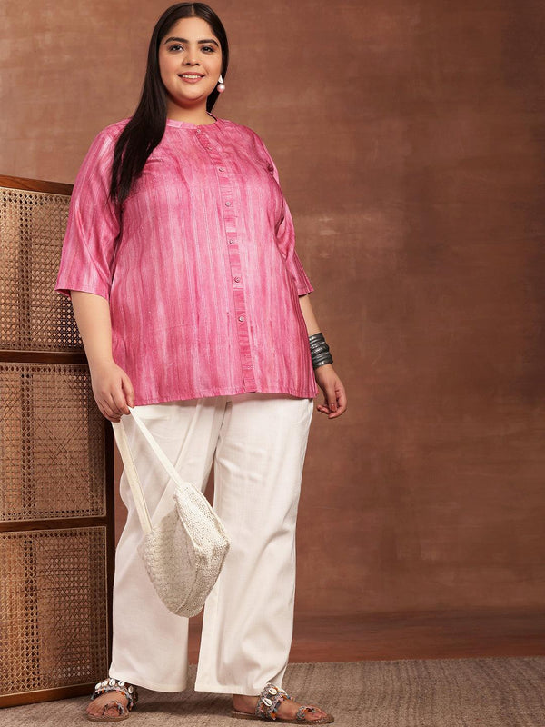 Plus Size Pink Printed Cotton Blend Straight Kurti - Jashvi