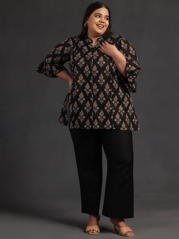 Plus Size Black Printed Cotton A-Line Kurti - Jashvi