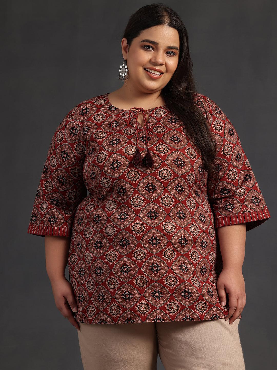 Plus Size Maroon Printed Cotton Straight Kurti - Jashvi