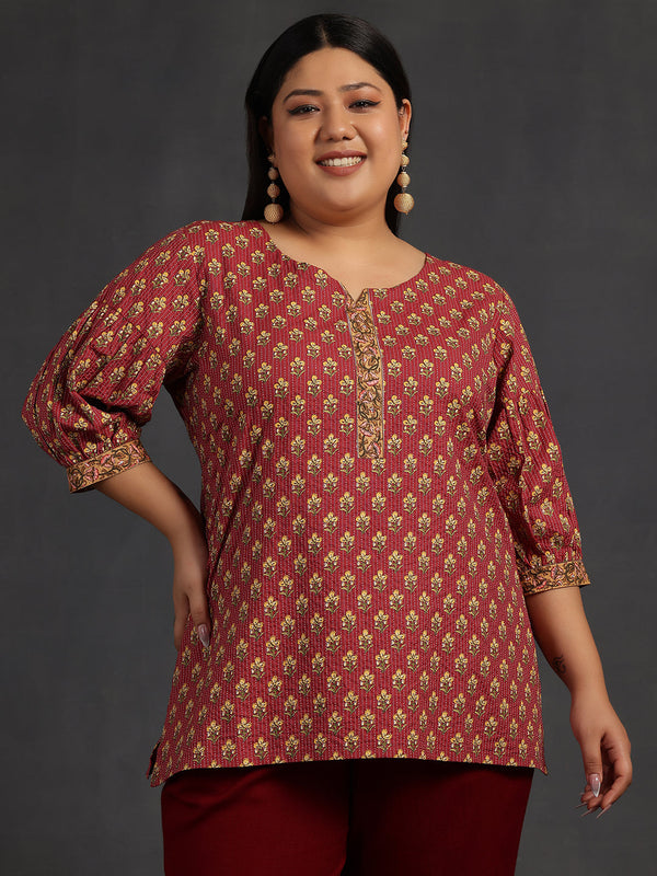 Plus Size Pink Printed Cotton Straight Kurti