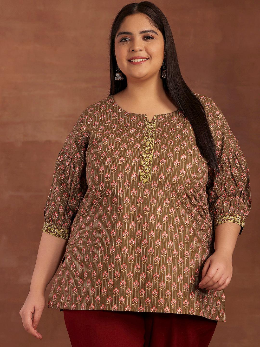 Plus Size Olive Printed Cotton Straight Kurti - Jashvi