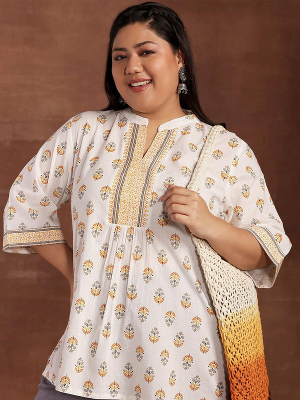 Plus Size White Printed Cotton Straight Kurti - Jashvi