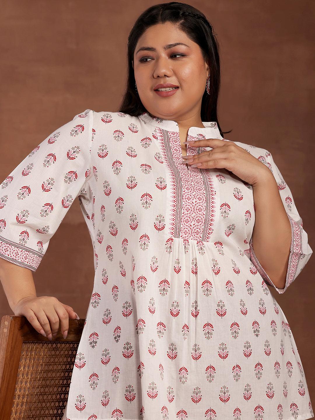 Plus Size White Printed Cotton Straight Kurti - Jashvi