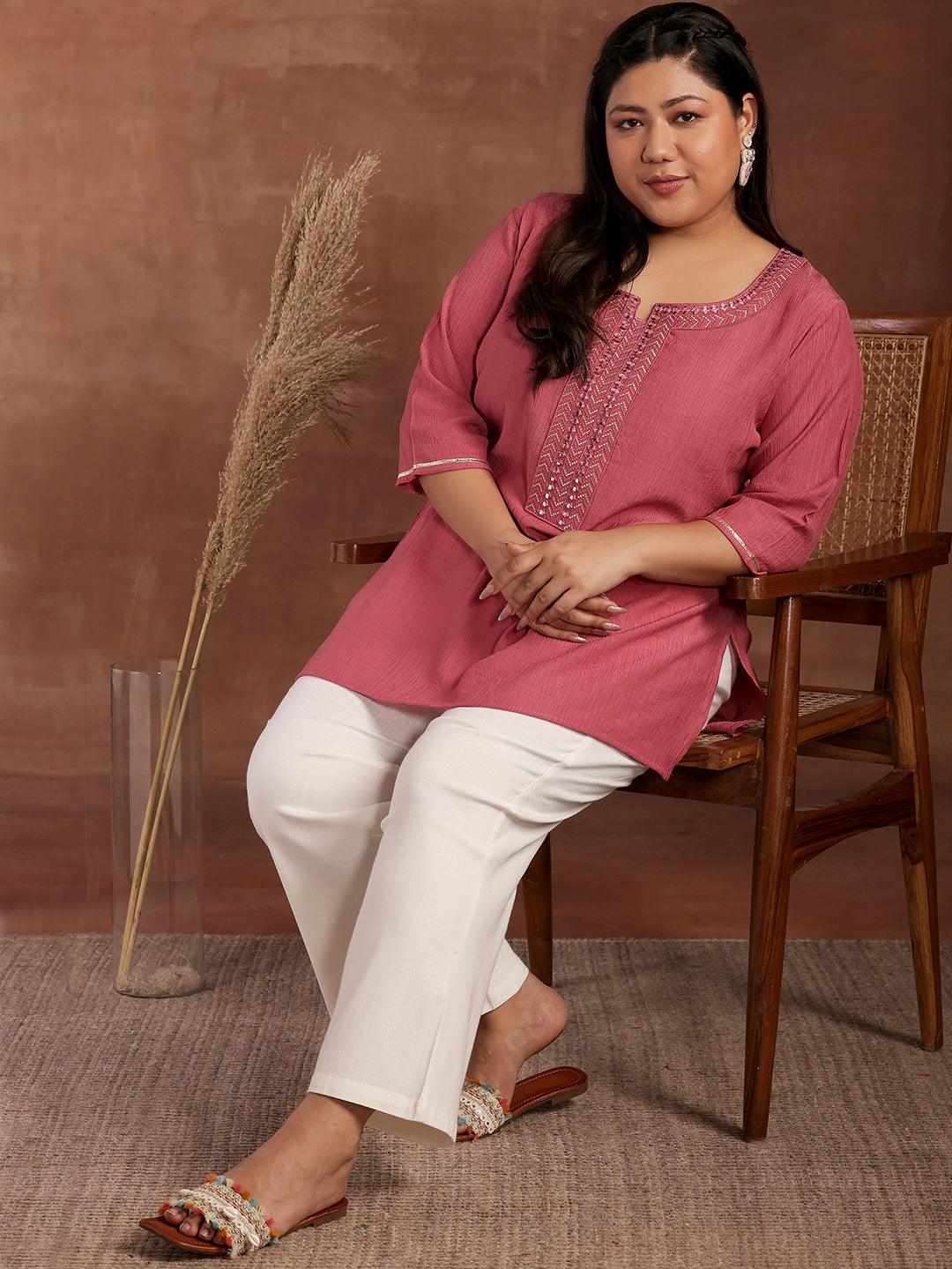 Plus Size Pink Woven Design Cotton Blend Straight Kurti - Jashvi