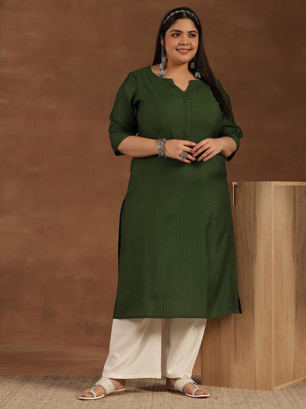 Plus Size Green Woven Design Silk Straight Kurta - Jashvi