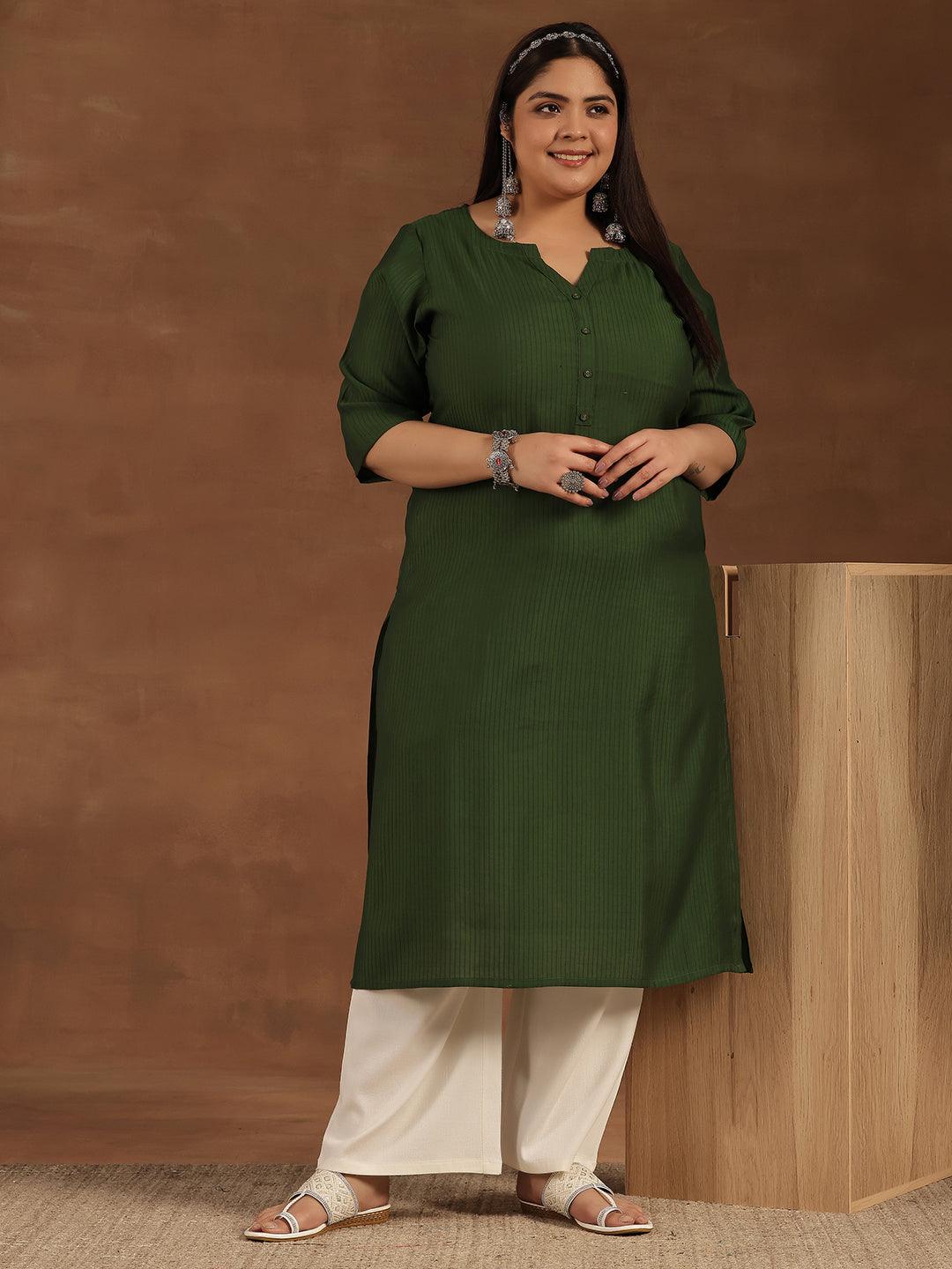 Plus Size Green Woven Design Silk Straight Kurta - Jashvi