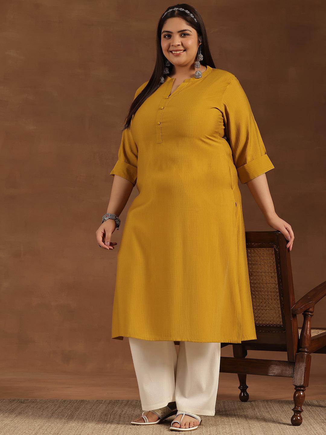 Plus Size Mustard Woven Design Silk Straight Kurta - Jashvi