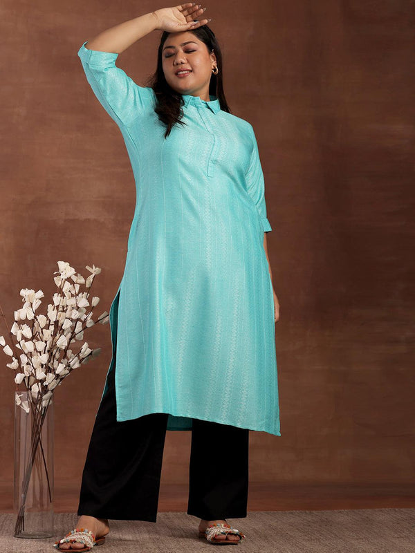 Plus Size Blue Woven Design Cotton Kurta - Jashvi