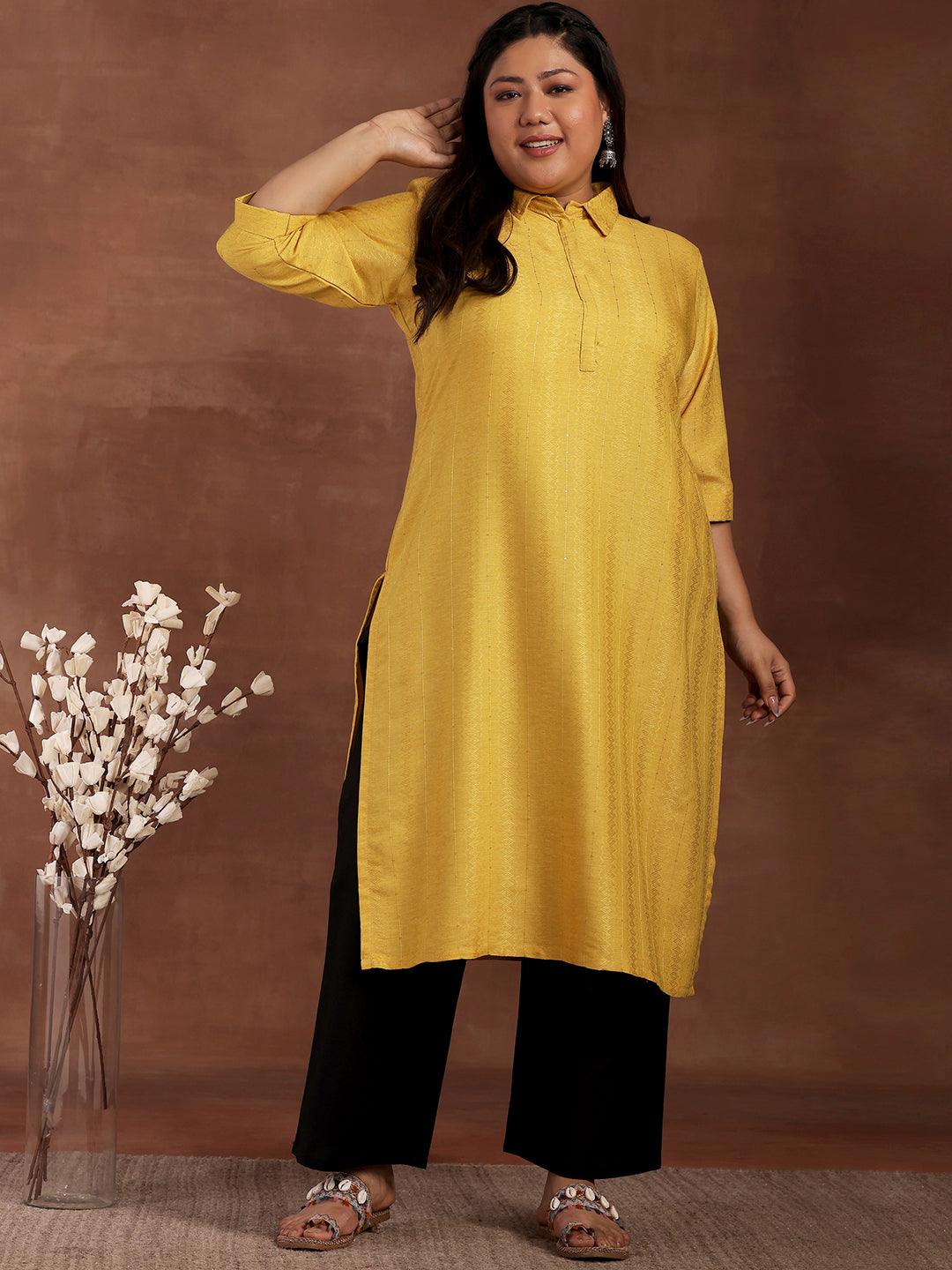 Plus Size Yellow Woven Design Cotton Kurta - Jashvi