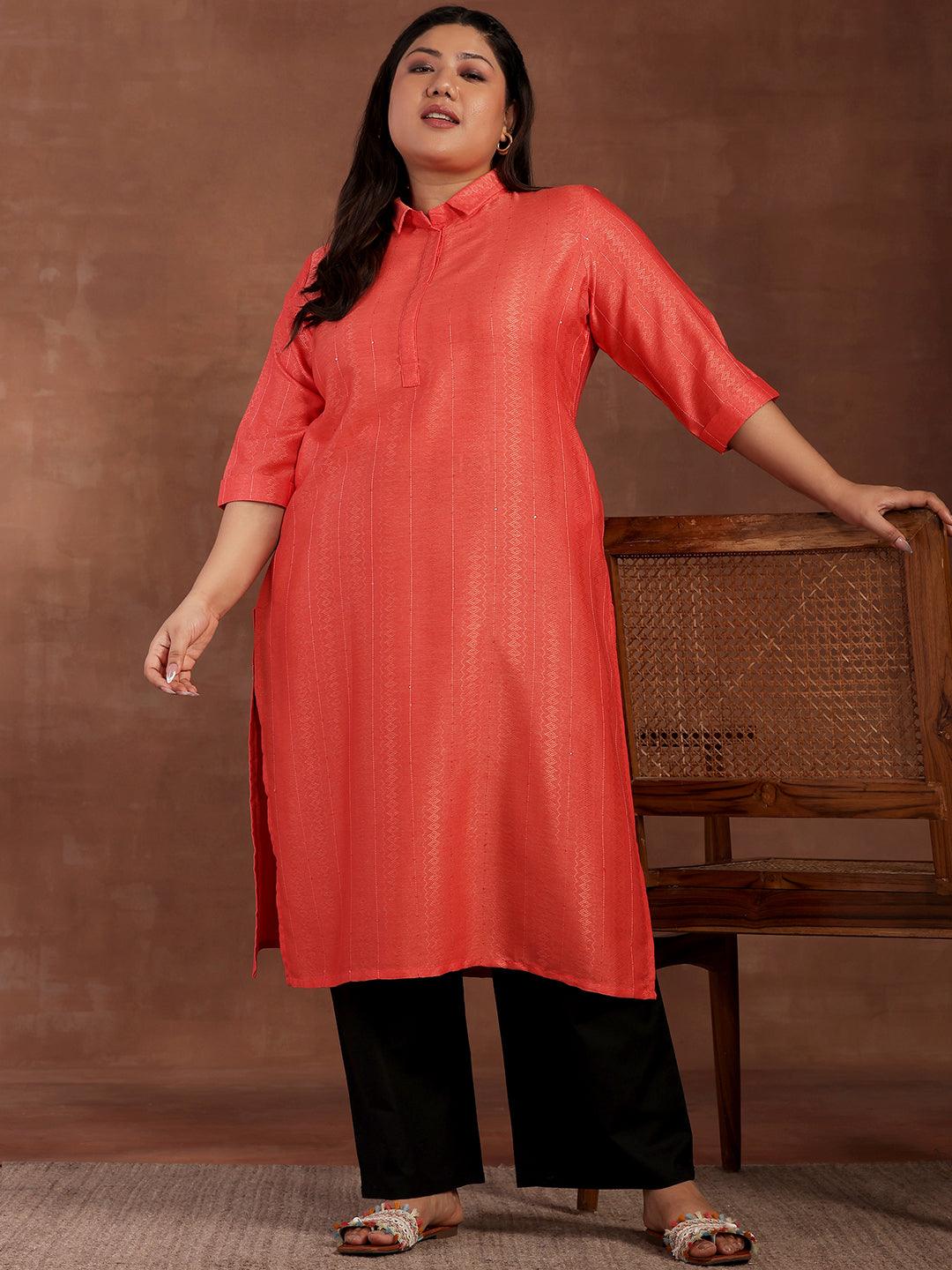 Plus Size Coral Woven Design Cotton Kurta - Jashvi