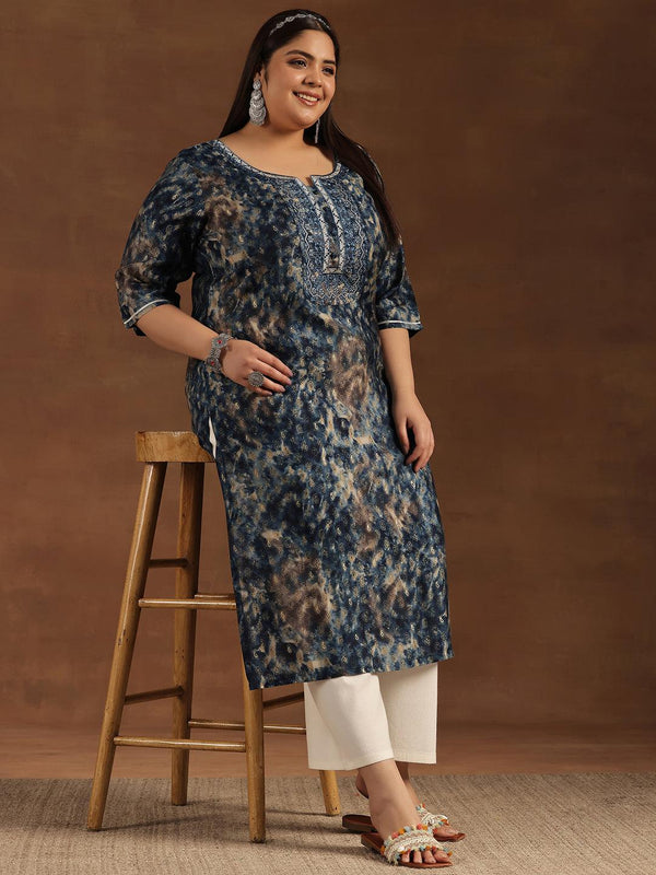 Plus Size Navy Blue Yoke Design Silk Straight Kurta - Jashvi