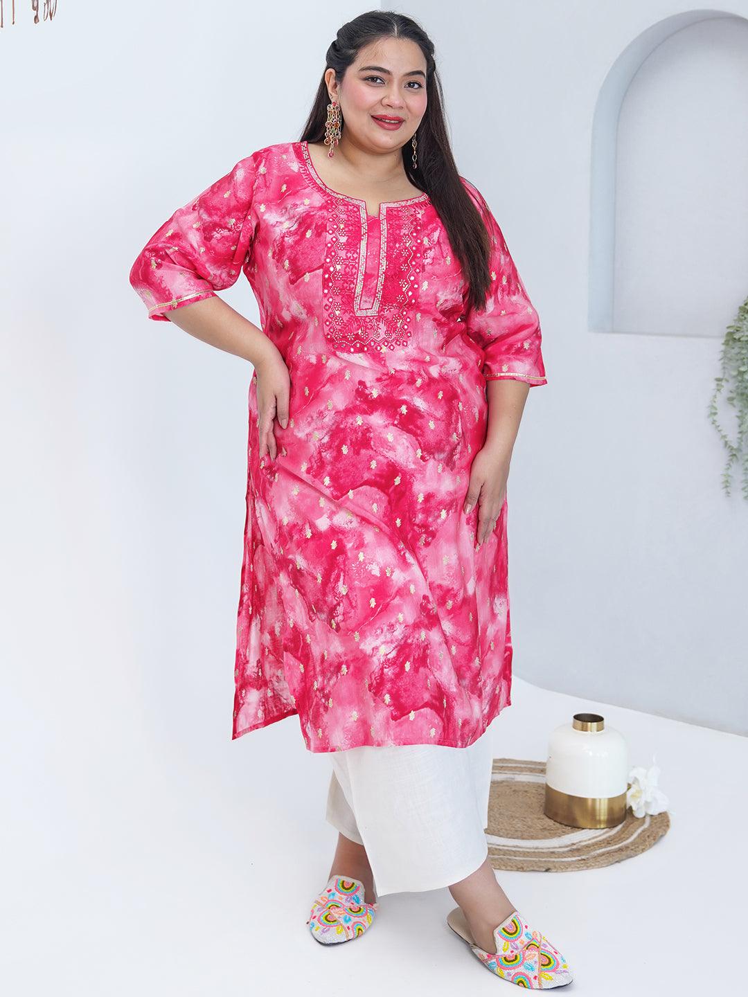 Plus Size Pink Yoke Design Silk Straight Kurta - Jashvi