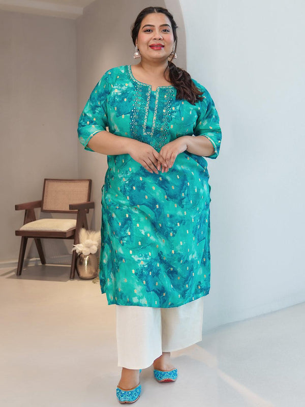 Plus Size Blue Yoke Design Silk Straight Kurta