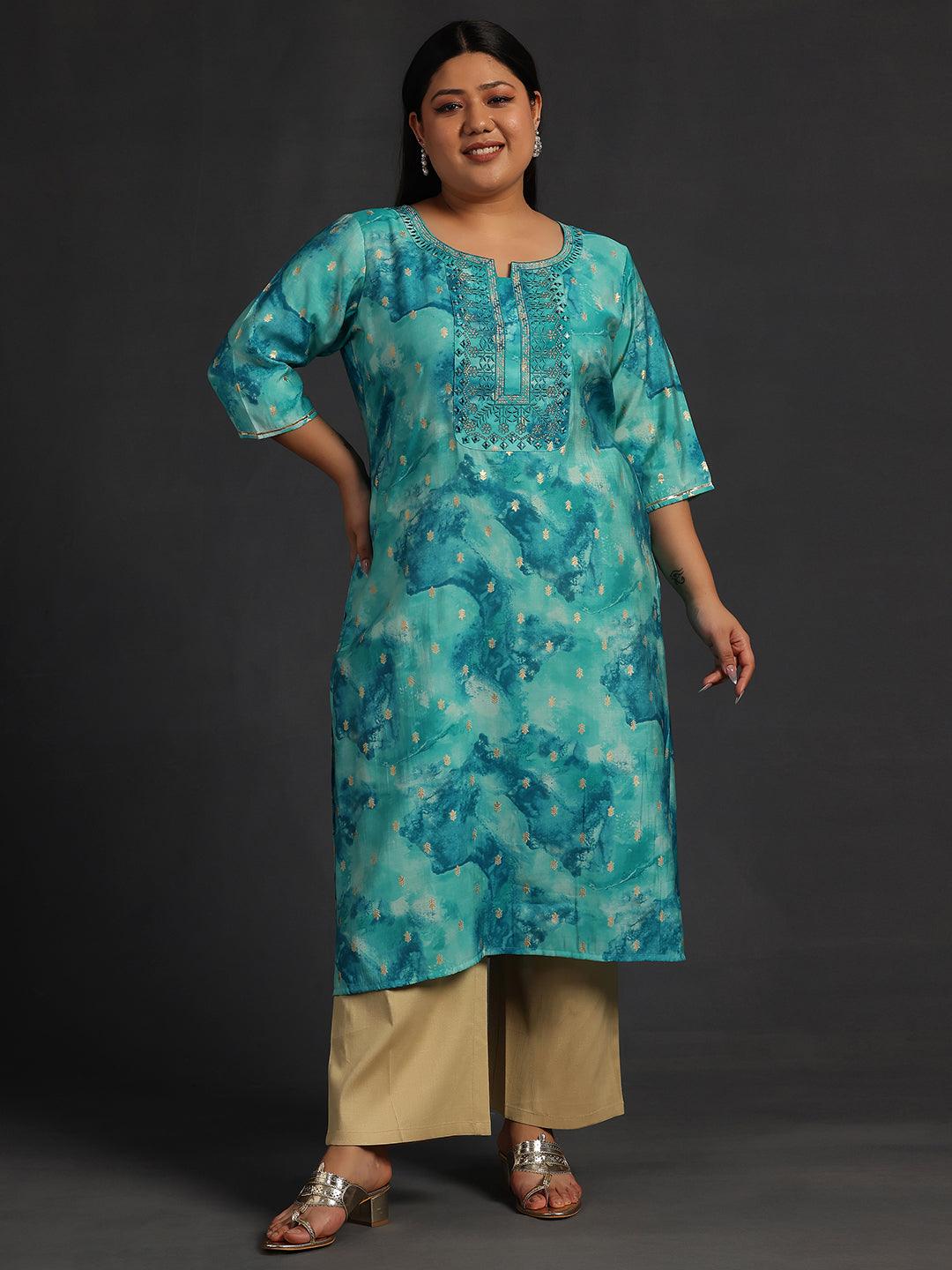 Plus Size Blue Yoke Design Silk Straight Kurta - Jashvi