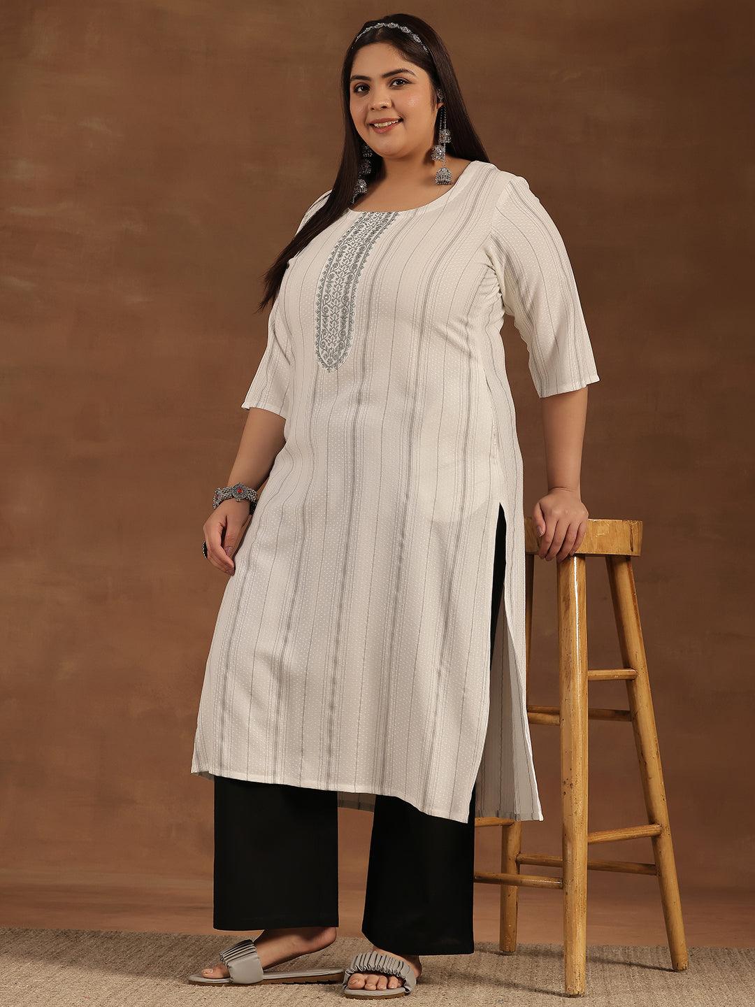 Plus Size Cream Yoke Design Rayon Straight Kurta - Jashvi